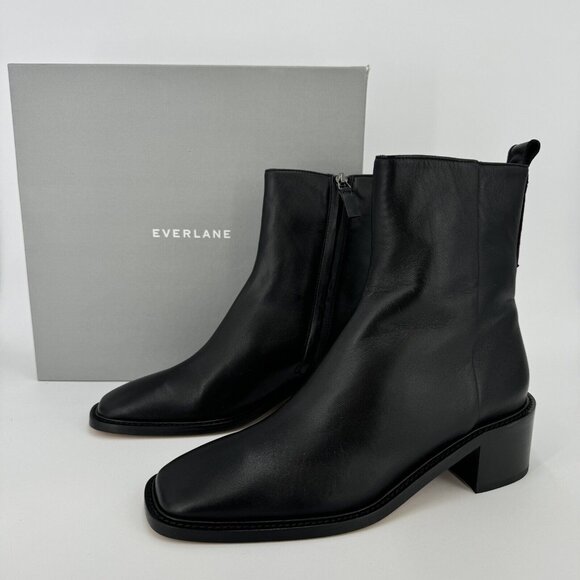 Everlane The City Boot in Black Leather sz 7 Women's Side Zip Block Heel Ankle - Picture 1 of 5